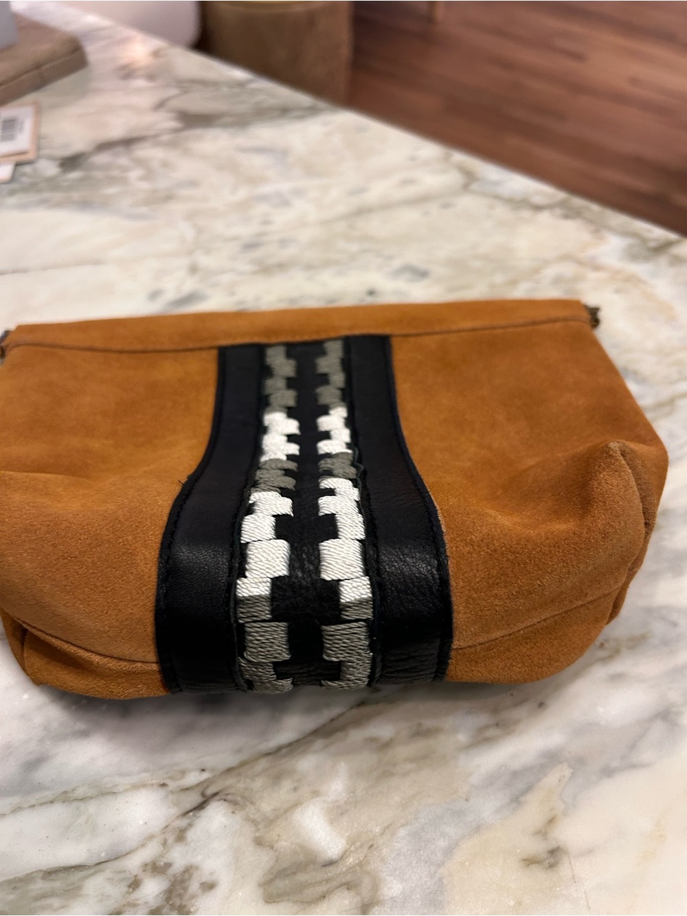 kenton & Co Suede Clutch in Cognac with Black & Cream Accent. NWT